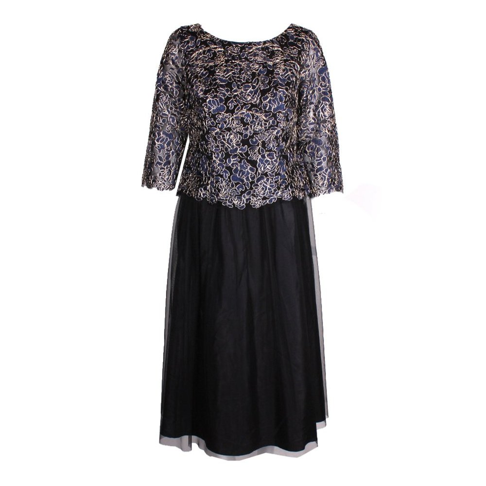 Alex Evening Navy and Gold Metallic Dress 10P